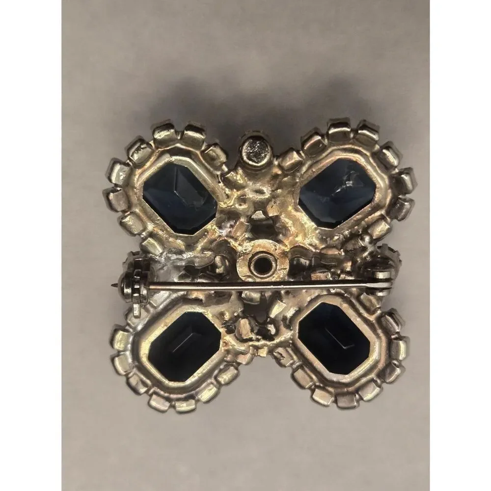 Vintage Blue Glass & White Rhinestone Brooch Pin
